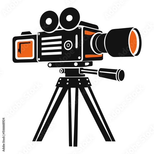 Vintage film camera on tripod silhouette with orange accents