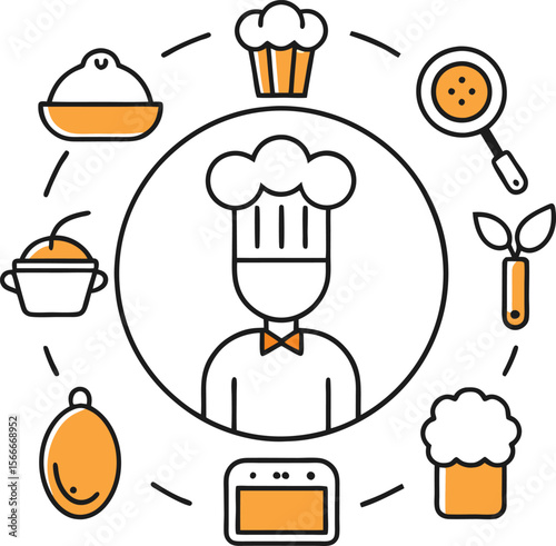 Chef surrounded by food and kitchen utensils silhouette