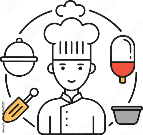 Chef with cooking utensils and ingredients silhouette