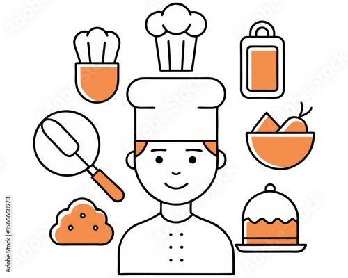 Chef with baking tools and desserts silhouette