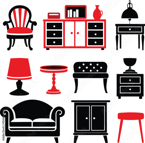 Collection of furniture and home decor icons silhouette
