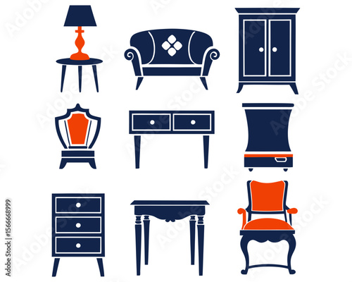 Collection of classic furniture icons in silhouette