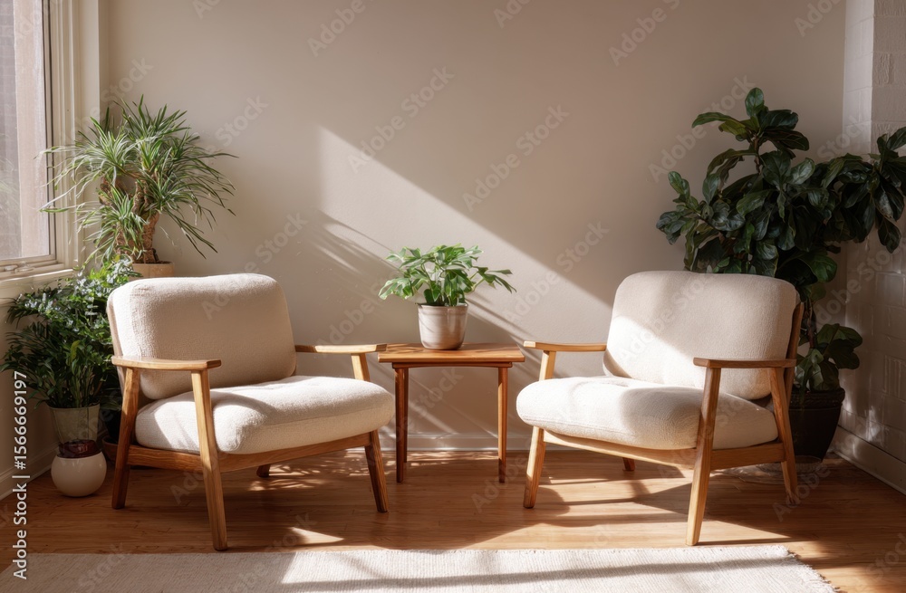 Sunlit living room with two comfy armchairs, wooden side table, and lush potted plants creating a serene and peaceful atmosphere. Sunlit living room with two comfy armchairs, wooden side table, and lush potted plants creating a serene and peaceful atmosphere.