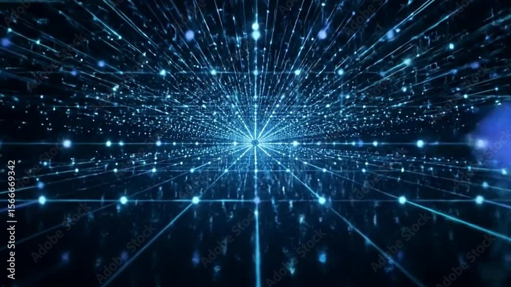 Abstract blue network with glowing lines and dots forming a futuristic perspective grid design