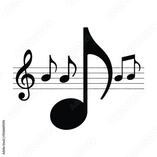 Black musical notes and treble clef on a white background staff