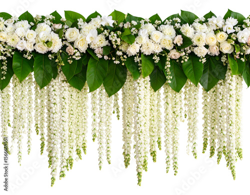 Elegant white flowers and lush green leaves form a beautiful cascading floral design.