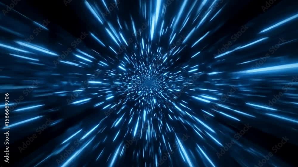 Abstract blue light streaks converging into a central point on a dark background