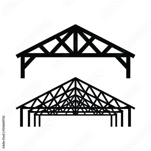 Two black silhouette roof truss structures on a white background