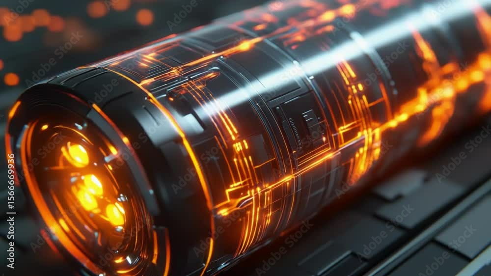 Futuristic cylinder object with glowing orange lines and inner light, on dark surface