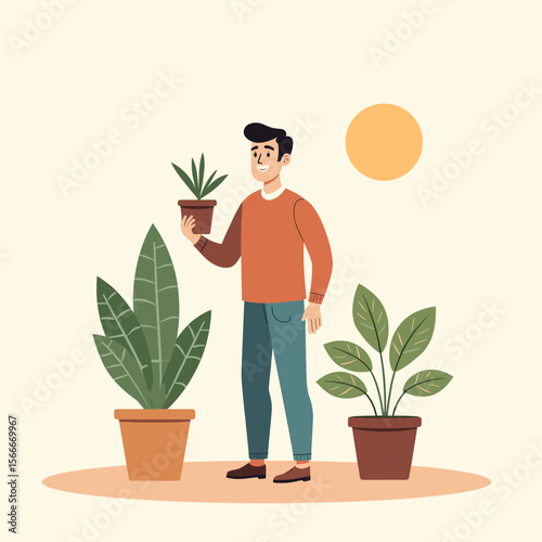 Young Man in Orange Sweater with Indoor Plants