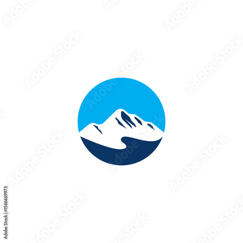 Minimalist mountain logo design with snow-capped peak in a circle with blue sky