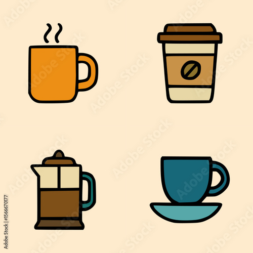Flat Cartoon Illustration of Hot Coffee Mug, To-Go Coffee Cup, Coffee Pot, and Teacup with Saucer in Bold Outlines
