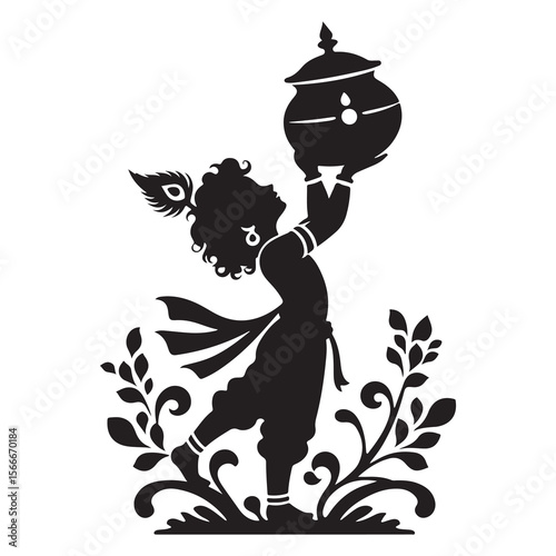 Silhouette of Bal Krishna Holding Butter Pot Baby Krishna Hindu Religious Vector Illustration