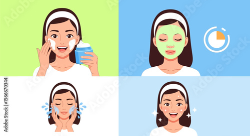 Skin care routine steps beauty treatment facial mask skincare illustration