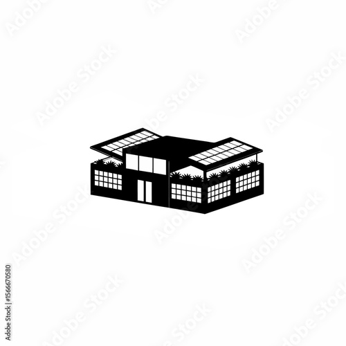 Silhouette of a sustainable school with an open-air design silhouette on white background