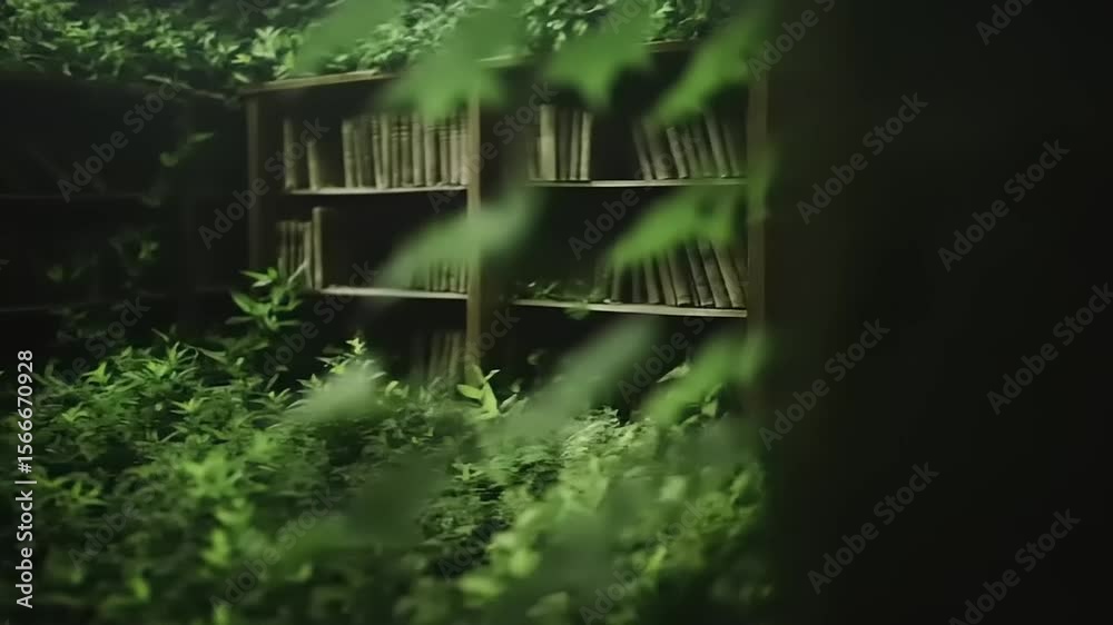 Forgotten Library: Bookshelves Overgrown by Nature's Embrace of Verdant Foliage