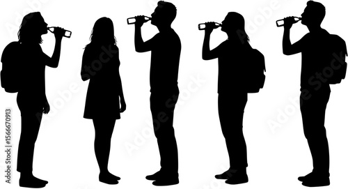 vector silhouette of a man and woman tourists standing drinking water on a white background .Generative AI
