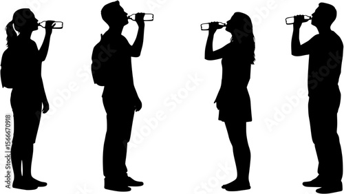 vector silhouette of a man and woman tourists standing drinking water on a white background .Generative AI
