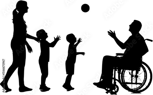 Father in wheelchair playing catch a ball with wife and son black silhouettes.
