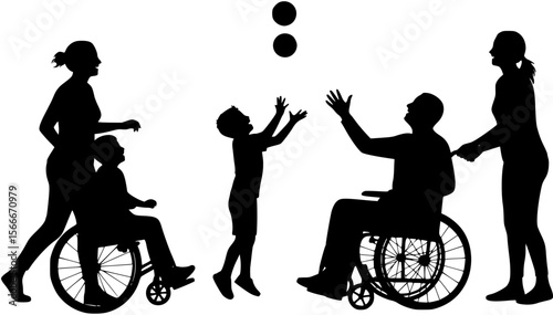 Father in wheelchair playing catch a ball with wife and son black silhouettes.

