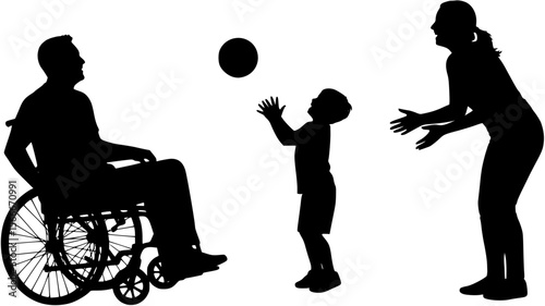 Father in wheelchair playing catch a ball with wife and son black silhouettes.
