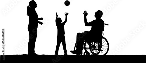 Father in wheelchair playing catch a ball with wife and son black silhouettes.
