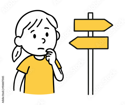 Woman at Crossroads Thinking Decision Making. Business Concept, Career Path, Personal Growth, Confusion, Opportunity, Strategy, Road Sign, Wayfinding, Life Choices. Hand-Drawn Vector Illustration