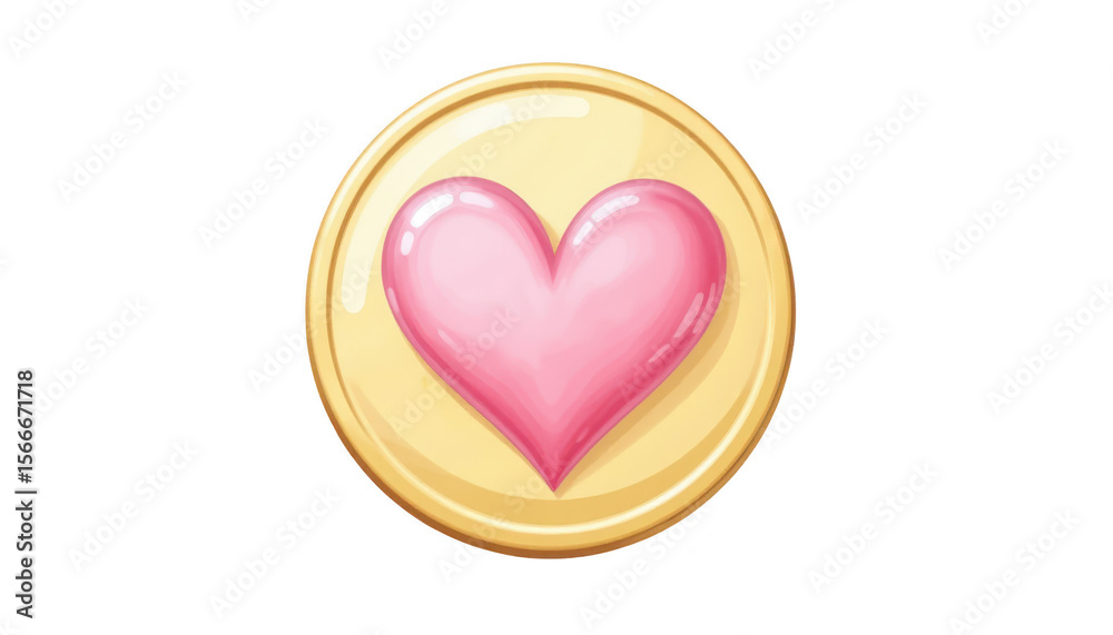 Fototapeta premium Golden button with a pink heart, symbol of love and affection for romantic designs