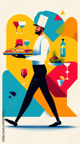 Waiter carrying a tray of food in minimalist illustration style.