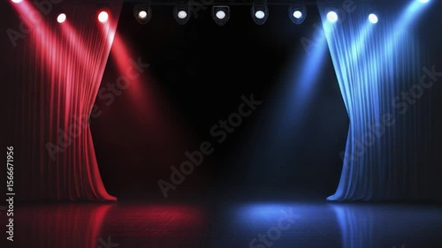 Red and blue illuminated stage curtains with spotlights on a dark floor.