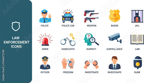 Law enforcement icons vector illustration of police and security items