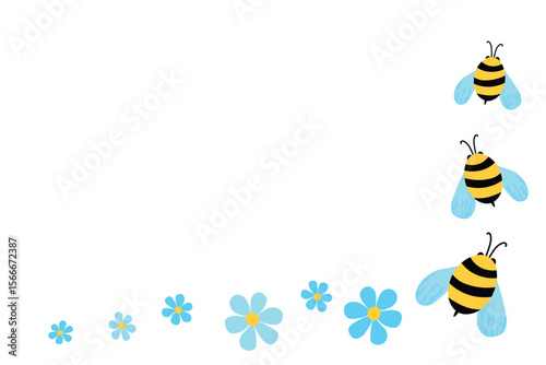 Cartoon bee mascot. Little bee flying. Wasp collection. Vector bumblebee characters. Insect icon. Design template for invitation, card. Doodle style. Background with copy space.