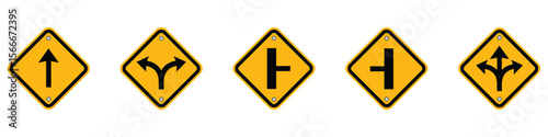 Fork in the road sign, One, Two and three way arrows set. Two and three way arrows Sign for merging road set. The road splits. Warning yellow diamond road sign. Vector illustration.