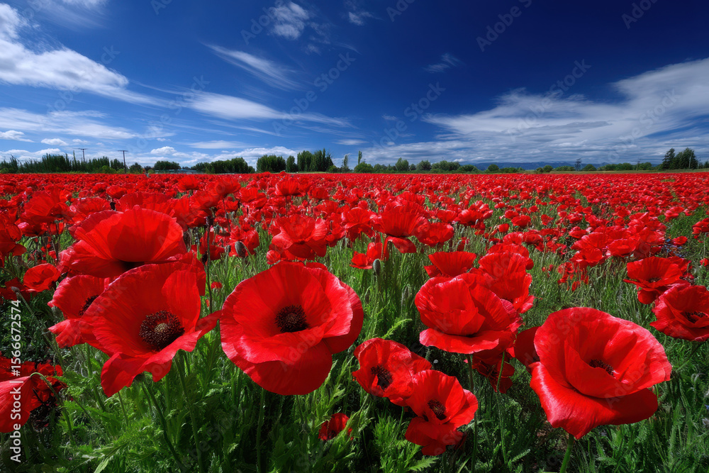 Obraz premium Vibrant red poppy field under a clear blue sky on a sunny day