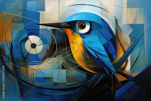 Cubist depiction of a bird, angular wings, bright blues, fragmented beak, abstract nest, geometric forms, textured composition