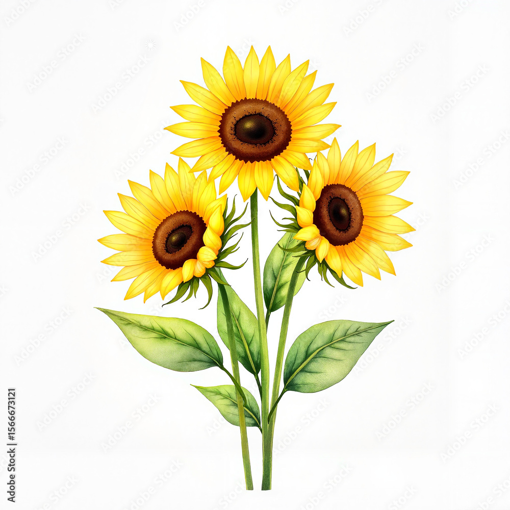 Obraz premium Three sunflowers with green leaves on a white background 
