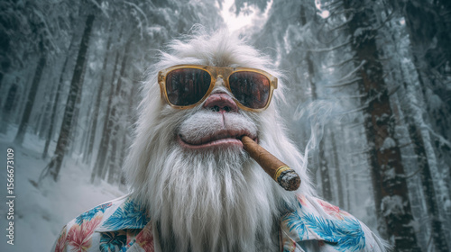A funny yeti portrait with a cigar dangling from its mouth, wearing oversized sunglasses and a Hawaiian shirt, standing in a snow-covered forest