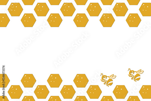 Hexagon pattern with honeycomb, cartoon bees. Vector illustration, geometric texture. Design template for invitation, card. Doodle style. Background with copy space.