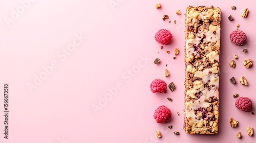 delicious berry nut granola bar with raspberries on pink background