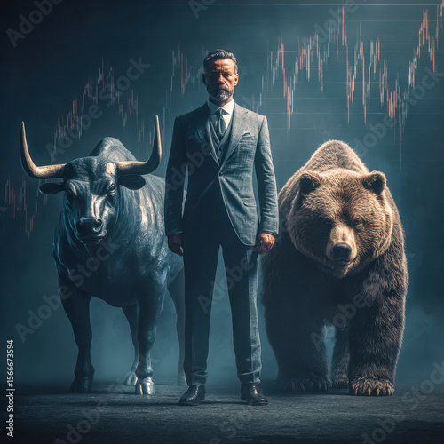 confident businessman stands poised between a bull and a bear, with stock charts behind him, symbolizing control, strategy, and dominance in volatile financial markets