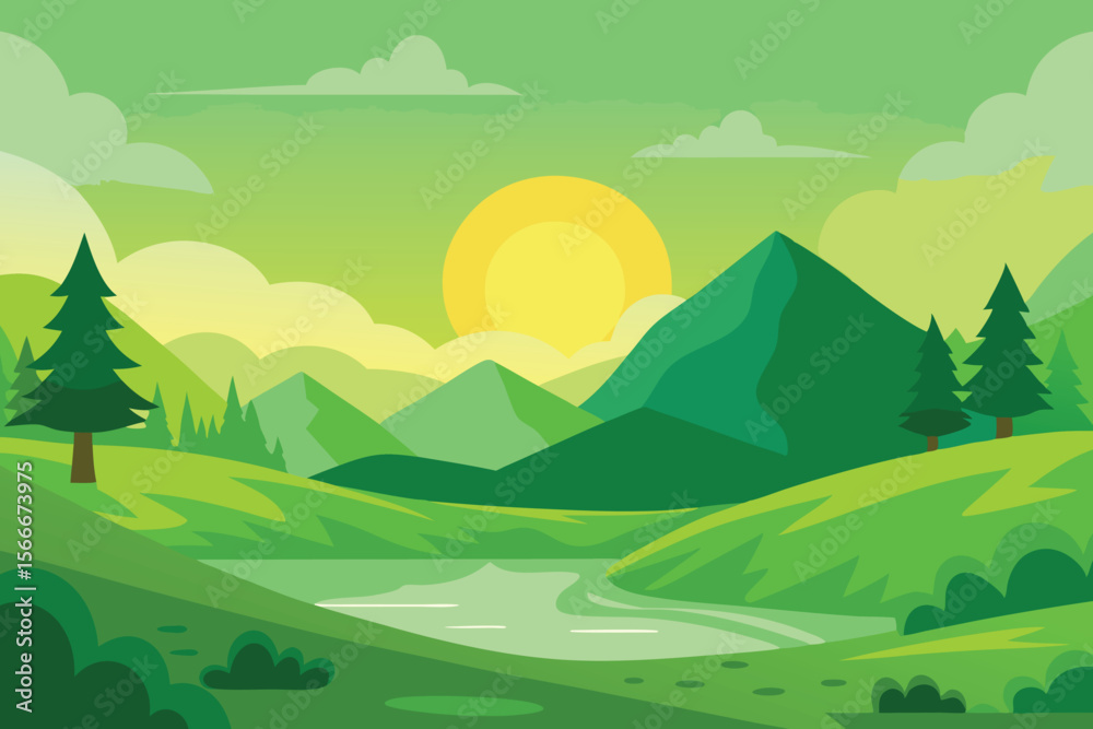Obraz premium Green morning landscape vector illustration