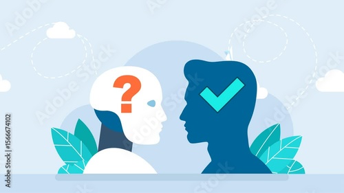Artificial intelligence vs human mind, new ideas, question marks, check mark tab. Artificial Intelligence VS Human. Difference between a robot and a man. 2d flat animation	