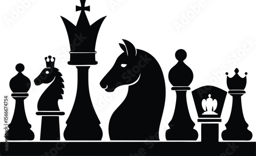 Creative Black Silhouettes of Chess Pieces with Unique Artistic Interpretations of the Knight, Bishop, King, Queen, and Crown