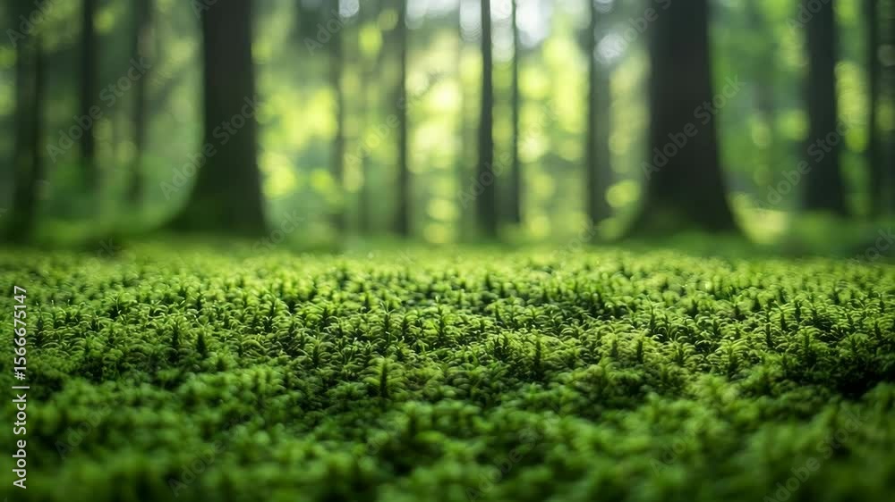 Serene Forest Floor with Lush Green Ground Cover and Tall Trees in Sunlit Wilderness