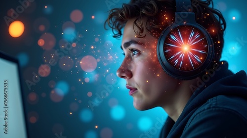 Wallpaper Mural A hyper realistic symbolic digital art piece portrays a person wearing headphones, completely absorbed in their task, with their focus visualized as a vibrant, glowing bubble Torontodigital.ca