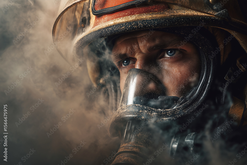 Fototapeta premium A firefighter is wearing a mask and looking at the camera