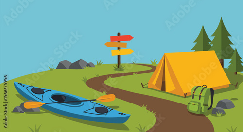 Camping and Kayaking Adventure Illustration