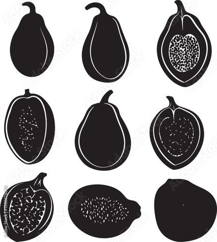 Sleek and simple black vector silhouettes of papaya varieties