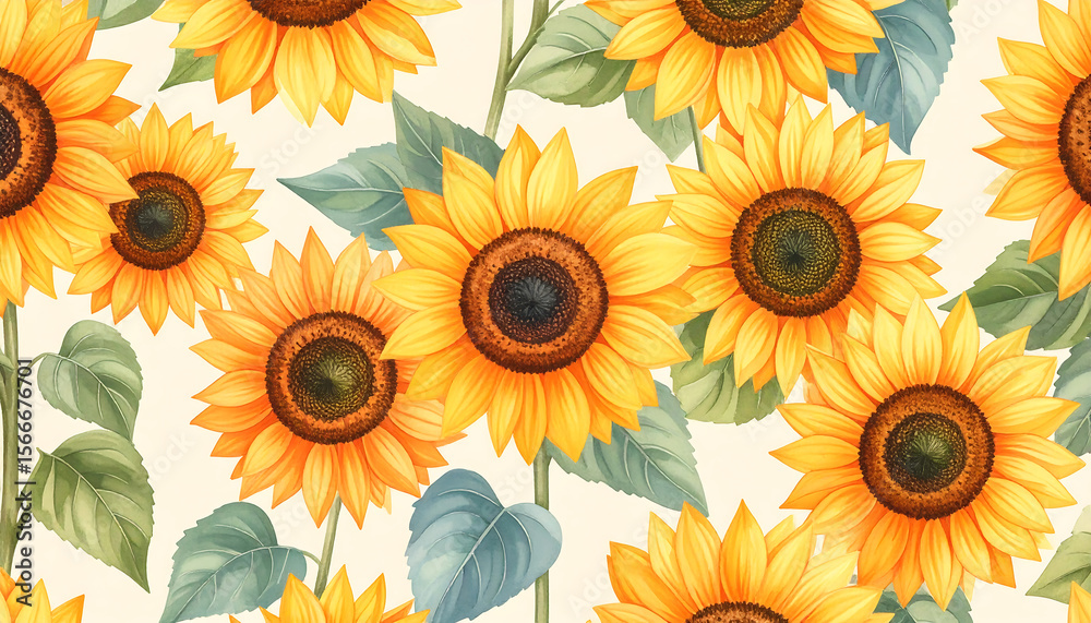 Obraz premium Vibrant sunflowers with rich yellow petals and dark centers create cheerful and lively pattern soft pastel backdrop, perfect for various designs