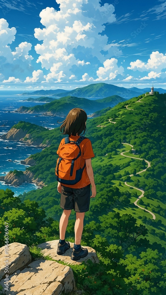 Obraz premium Girl Hiker Standing on Scenic Mountain Ridge